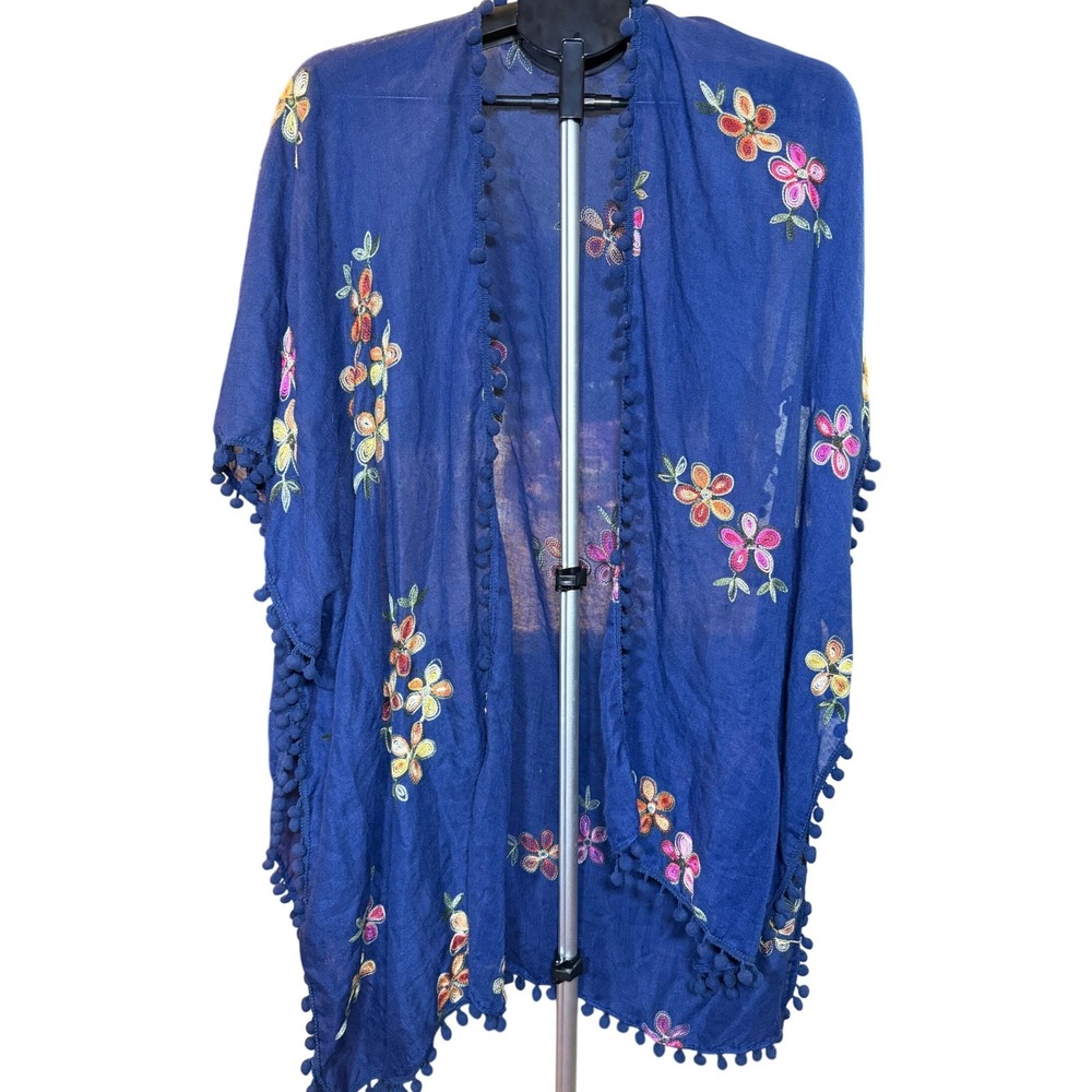 Pool To Party by Subtle Luxury Blue Embroidered Floral Kimono Cover Up OS